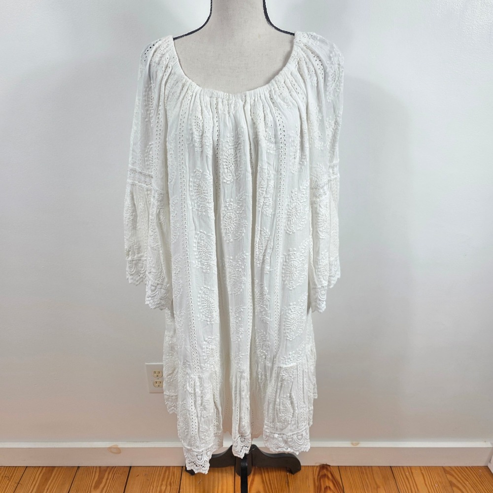 Karen Kane Eyelet Dress Women XL White Lace Off Shoulder Boho Peasant Summer